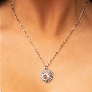 Silver Necklace with Pink Stone; Complimentary Earrings